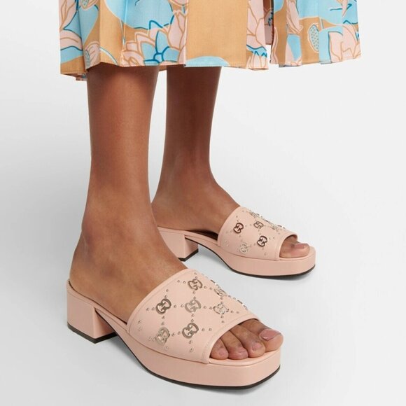NEW GUCCI Janaya Interlocking GG Studs Rose Leather Sandal Slide EU 40.5 US 10.5 - Picture 6 of 11